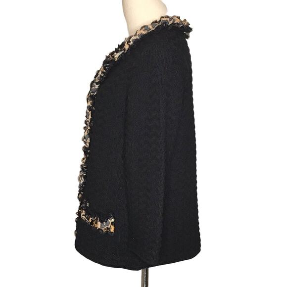 Chico’s Size Medium(8) Black Chevron Textured Knit Cardigan-Lace & Leopard Trim - Picture 6 of 14